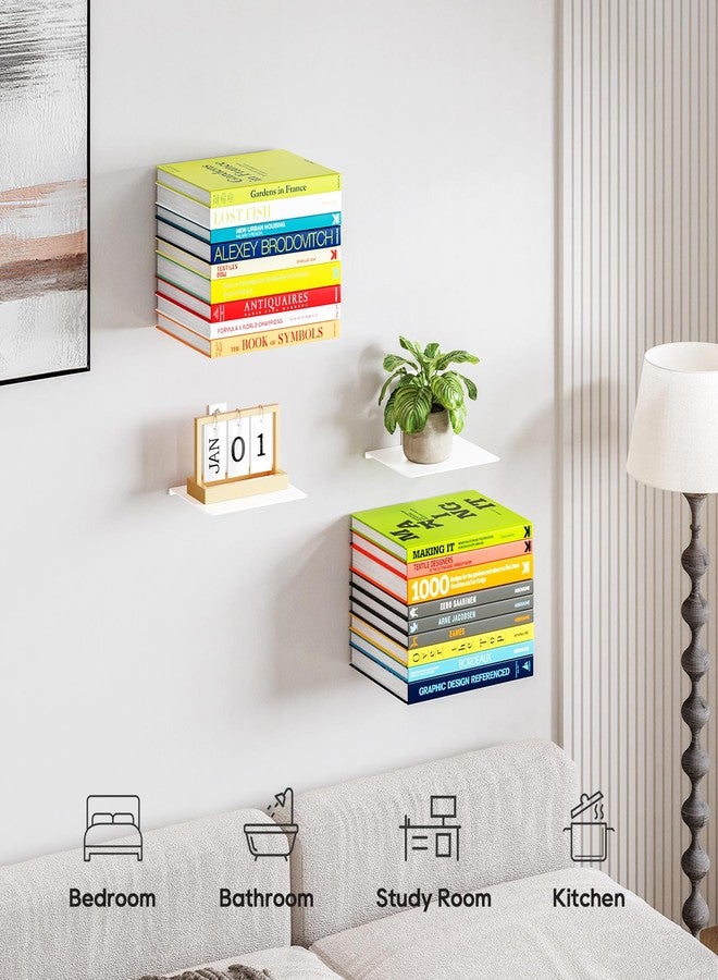 ART-GIFTREE رفوف كتب مخفية من ART-GIFTREE، رفوف كتب عائمة للجدار، رفوف كتب متينة مثبتة على الحائط للتخزين، منظم كتب مخفي، رف عمودي للعمود الفقري للمنزل والمكتب، عبوة من 4 قطع، أبيض - Image 2